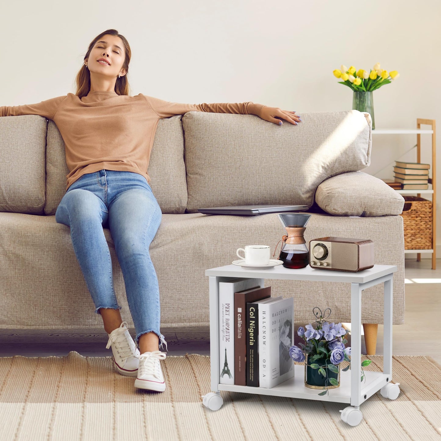 Cakokow Under Desk Printer Stand - 2-Tier Industrial Mobile Printer Table with Storage Shelf, Heavy Duty Wood Rolling Printer Cart with Wheels for Home and Office,Maple White