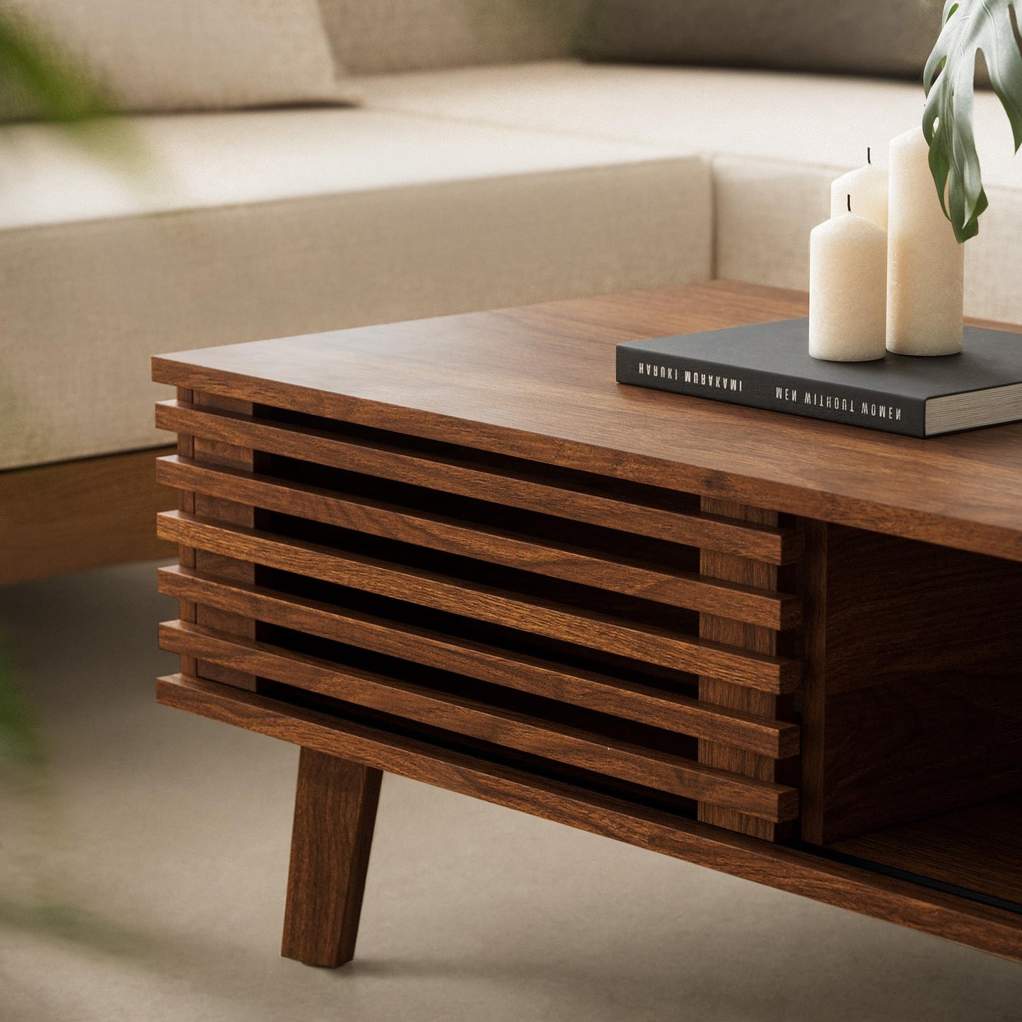 MAISONARIA Mid Century Coffee Table with Storage & Sliding Fence Door, Modern Coffee Tables for Living Room, Walnut Finish