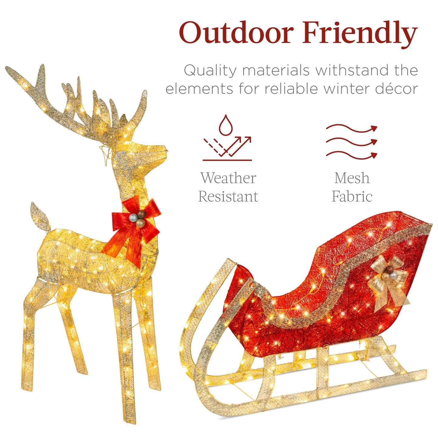 Best Choice Products Lighted Christmas 4ft Reindeer & Sleigh Outdoor Yard Decoration Set w/ 205 LED Lights, Stakes, Zip Ties - Gold