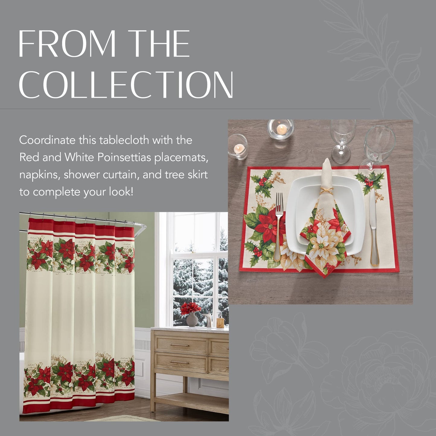 Elrene Home Fashions Red and White Poinsettia Holiday Fabric Wrinkle Resistant Tablecloth, 60" x 120", Multi