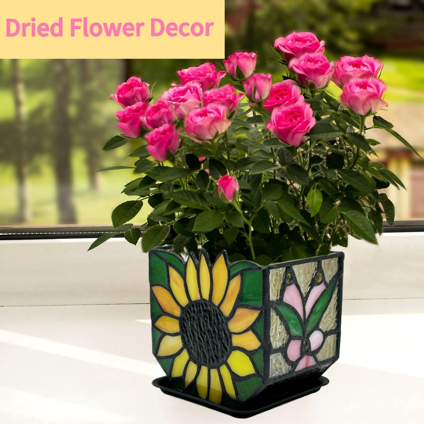 Entlityful Stained Glass Sunflower Garden Planters,Indoor Plant Pots with Drainage,Unique Plant Pots for Dried Flowers,Sunflower Gifts,4.6 x 3 x 5.15 in
