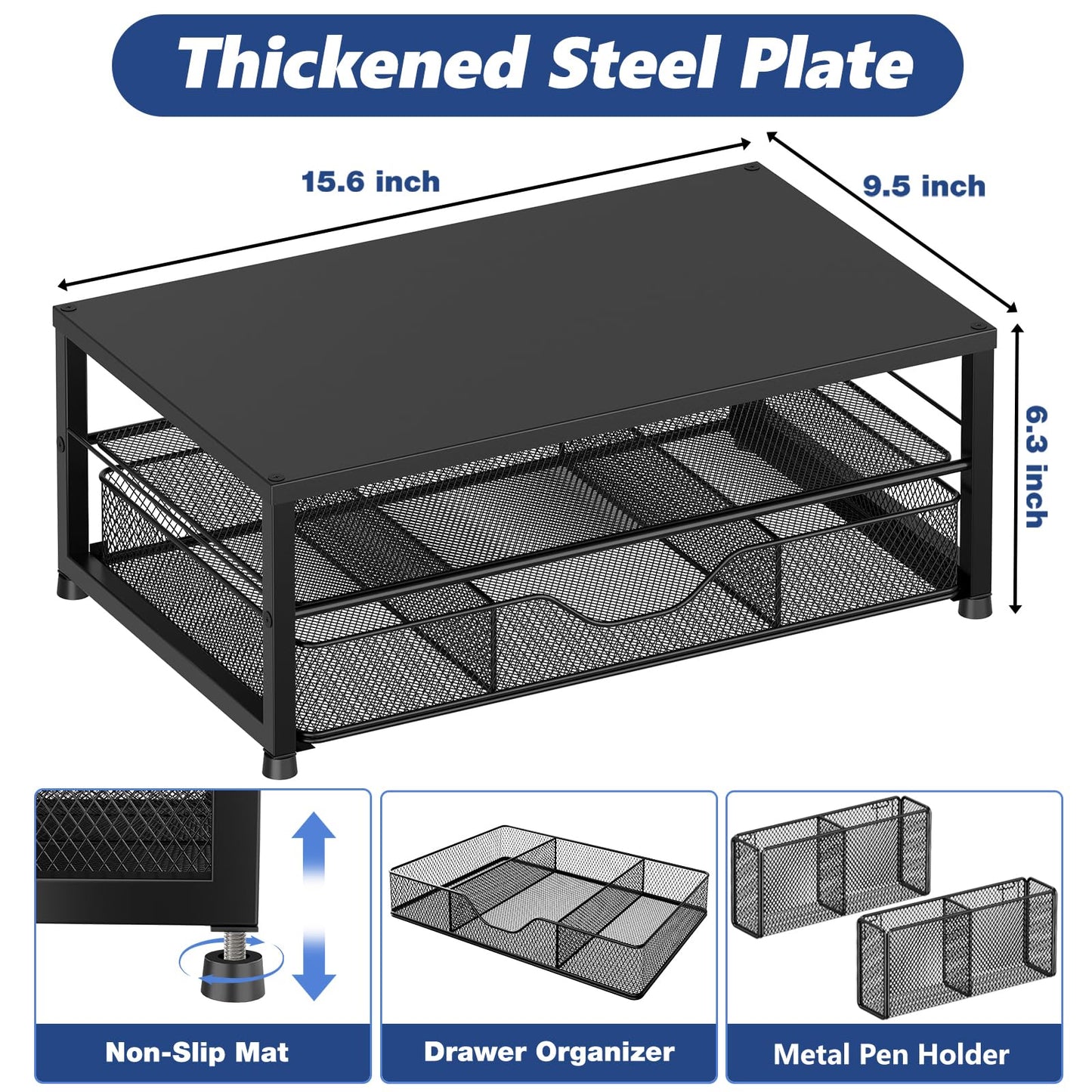 OPNICE Desk Organizer and Accessories, 2-Tier Computer Monitor Stand Riser with Drawer and 2 Pen Holders, Office Desk Accessories for Office Supplies, Black
