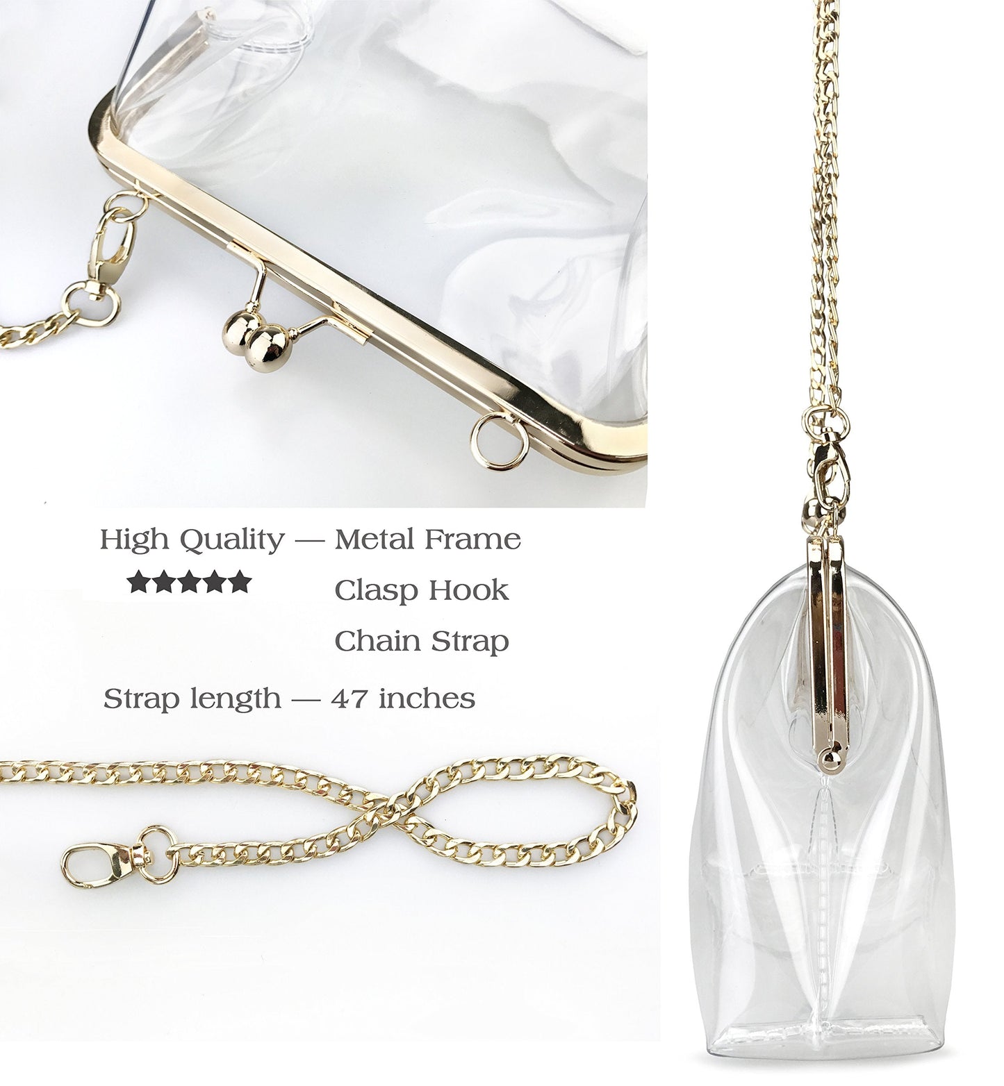 HOXIS Clear Transparent PVC Kiss Lock Chain Cross Body Bag Womens Clutch