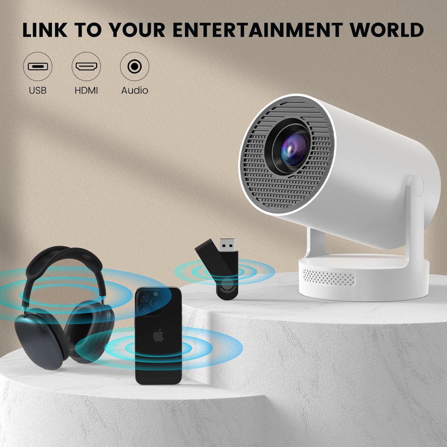 【Electric Focus】Mini Portable Projector with 4K Support, Bluetooth 5.4 WIFI6, 5watt Sound Base Speaker, 260 ANSI, Android 11, 210° Rotation , Auto Keystone Correction Video Projector HY300 Ultra