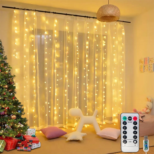 Honche 300Led Cuttable Curtain String Lights 10x10ft with Remote Window Lights for Bedroom Wedding Party Festive Season Propose Marriage (Warm White)