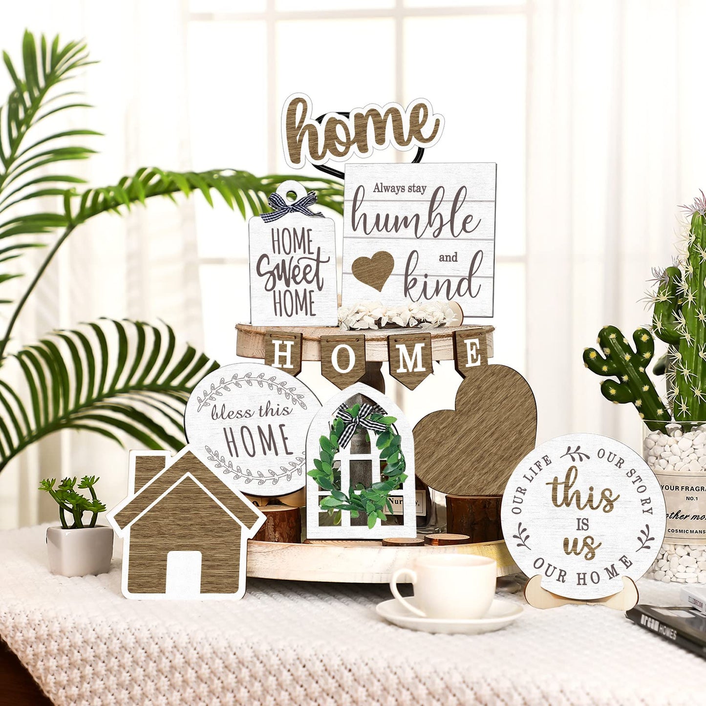 Maitys 10 Pcs Summer Beach Tiered Tray Decoration Set Farmhouse Rustic Decor Wood Sign Rustic Table Ornaments for Kitchen Table Housewarming Gift (Home Style)