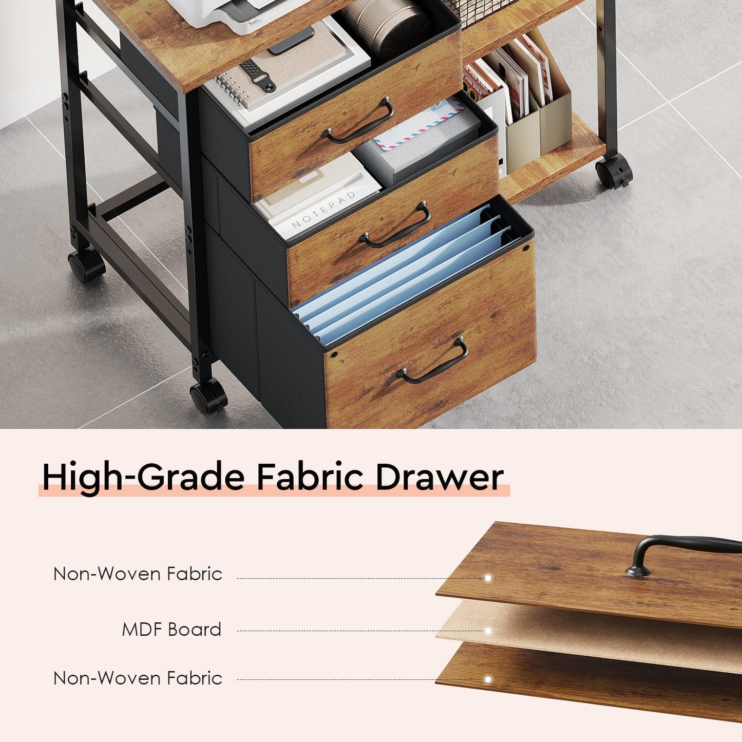 Maihail 3 Drawer File Cabinet with Wheels Rolling Printer Stand with Open Storage Shelf Fabric Lateral Filing Cabinet for Home Office,Rustic Brown2