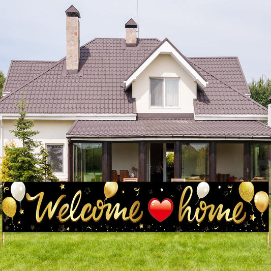 Welcome Home Banner Decoration, Black Gold Welcome Back Home Yard Sign for Outdoor, Military Homecoming Deployment Returning Party Supplies