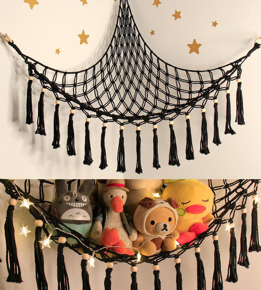 Stuffed Animal Hammock Corner Storage - Toy Hammock Net Organizer with LED Light - Tedddy Hammocks Plushie Net Holder - Black Wall Decor for Boy Living Room Bedroom