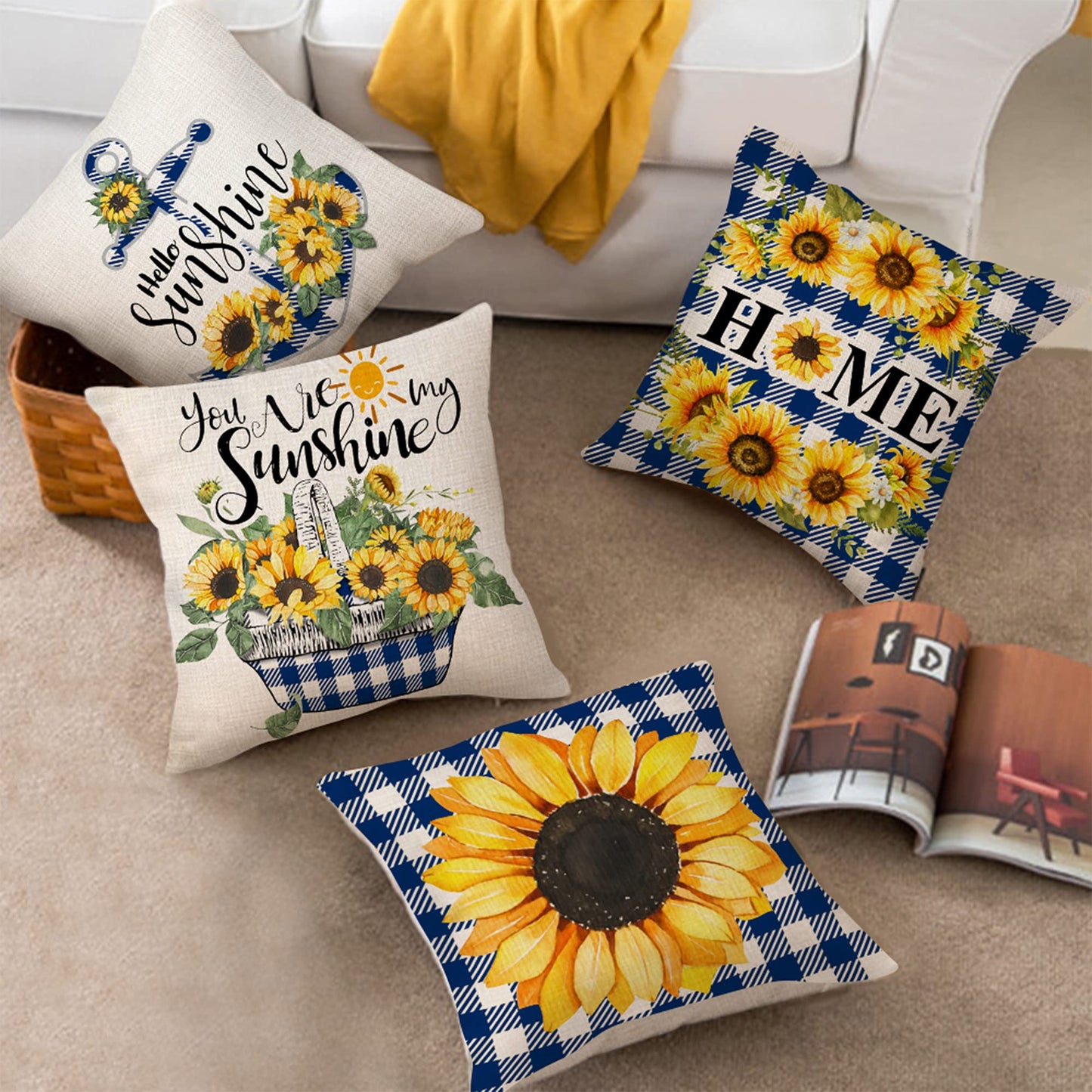 pinata Sunflower Pillow Covers 18x18 Set of 4, Sunflowers Outdoor Throw Pillows for Couch, Yellow Blue Summer Pillow Covers, Farmhouse Sunflower Decor for Home Outdoor Sofa Couch
