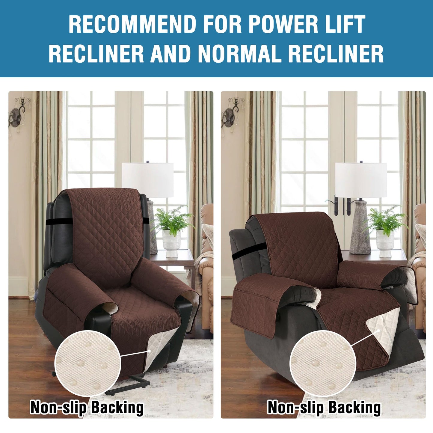H.VERSAILTEX 100% Waterproof Power Lift Recliner Chair Cover Non Slip Electric Power Lift Recliner Covers for Recliner Chair with Pocket Large Recliner Chair Covers, Brown