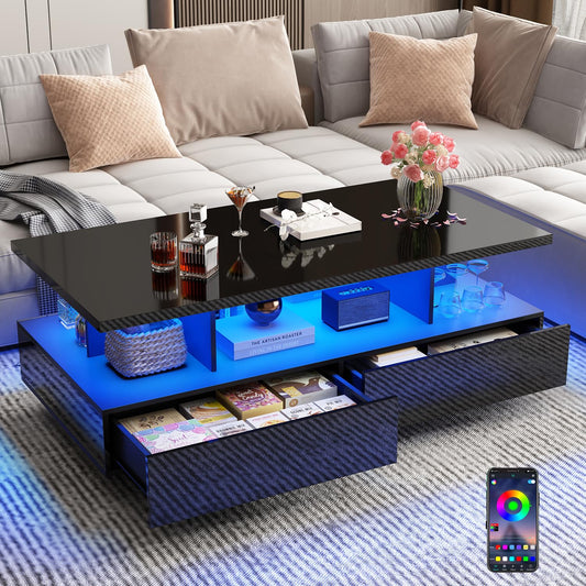 jiteentarou LED Coffee Table w/ 2 Storage Drawers,App Control,High Glossy Modern Black Coffee Table w/60,000-Color Lights,Rectangle 2-Tier Center Table w/Display Shelf for Living Room
