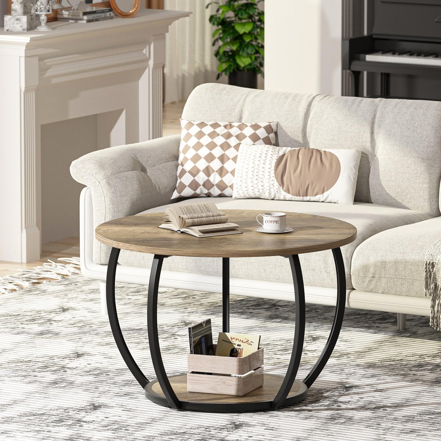 GreenForest Coffee Table Round for Living Room, 27.6 inch 2 Tier Small Tea Tables with Storage, Farmhouse Center Table with Adjustable Feet, Grey Wash