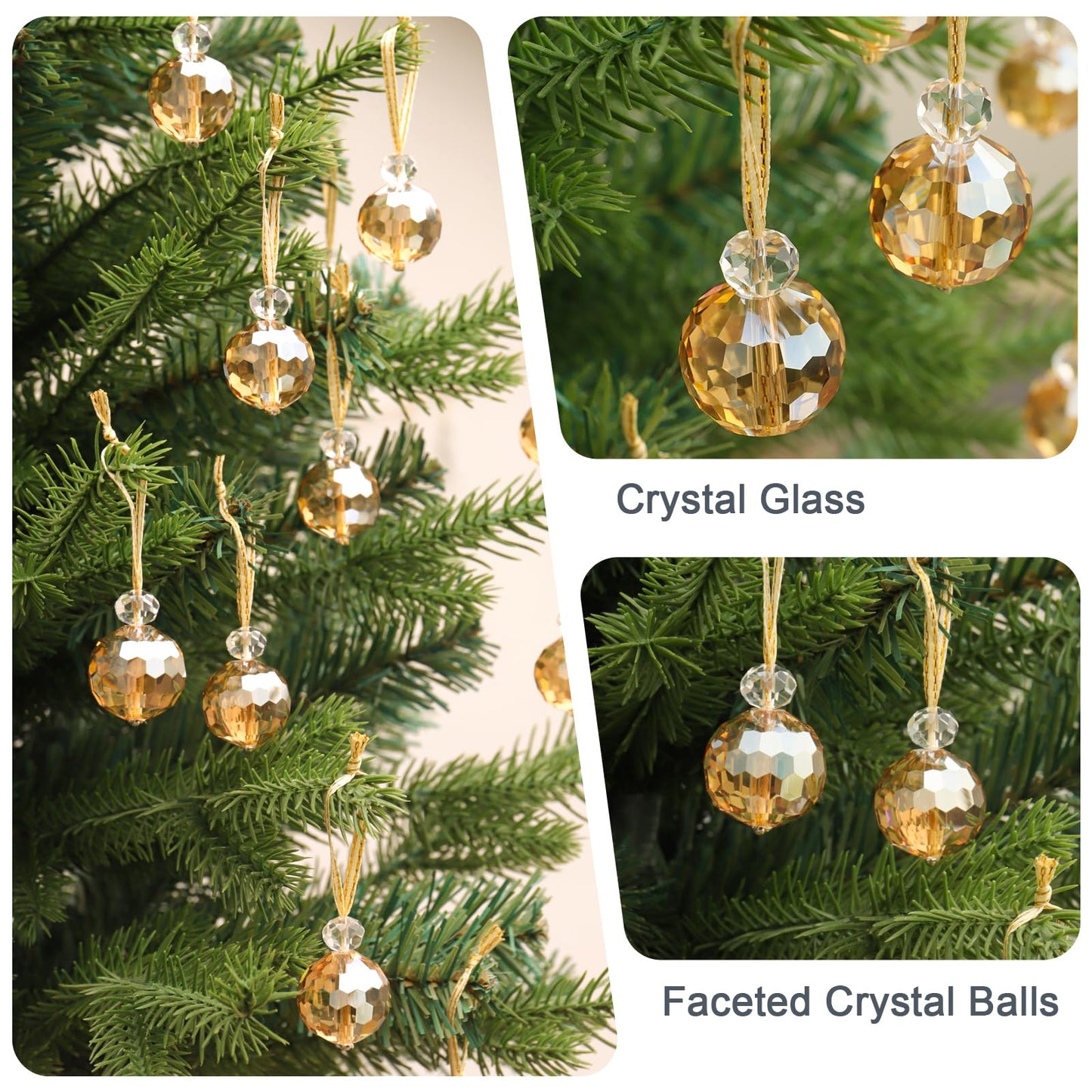 12 Pcs Crystal Glass Christmas Balls Ornaments, 0.87" Mini Prism Ball Christmas Tree Decorations, Hanging Crystal Ornament Clearance for Xmas Wedding Party Home Decor (Gold)