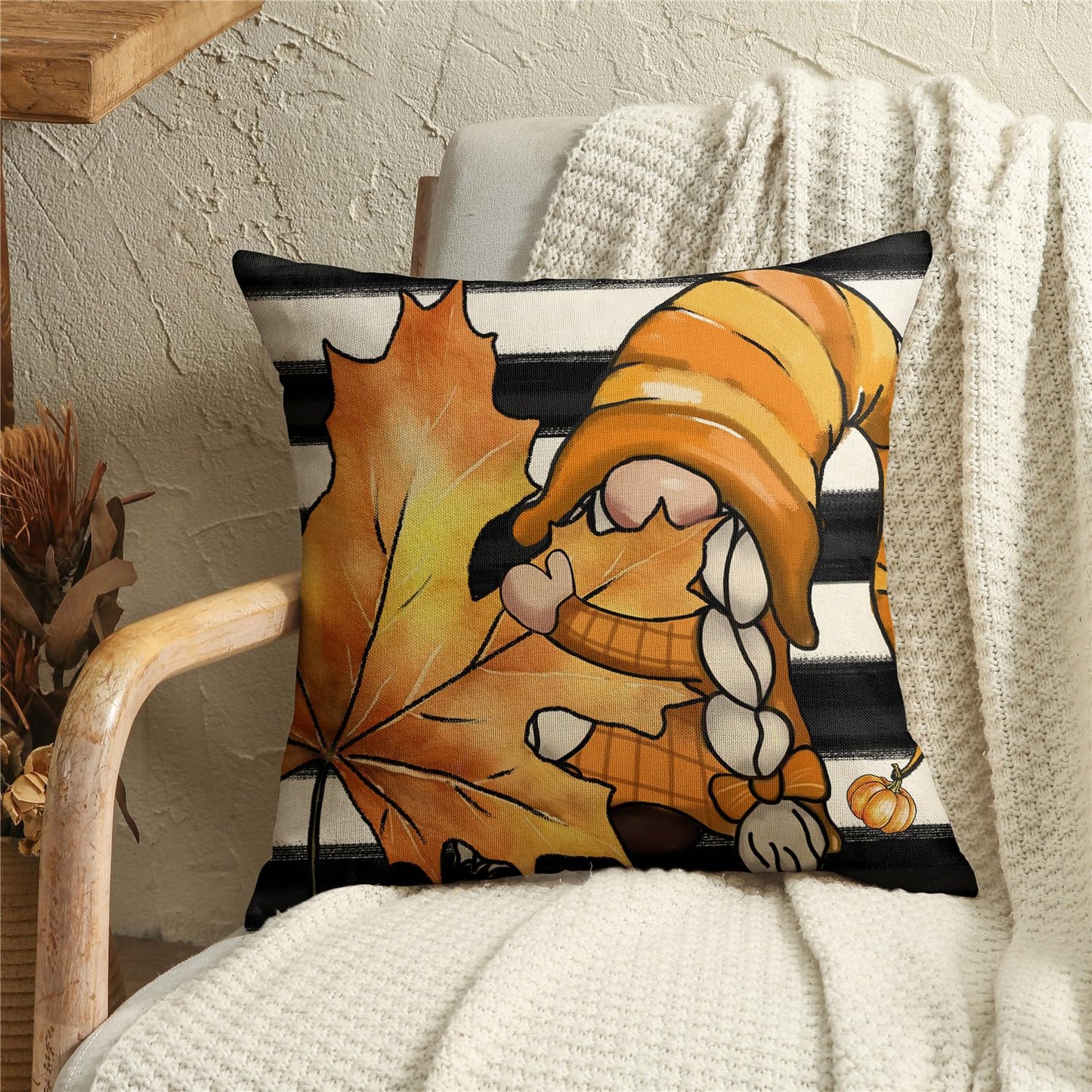 KISVODS Fall Pillow Covers 18x18 Thanksgiving Farmhouse Decorations Black Striped Maple Leaf Pumpkin Outdoor Fall Decor Throw Pillow Covers Gnomes Autumn Harvest Cushion Case for Sofa Couch Set of 4