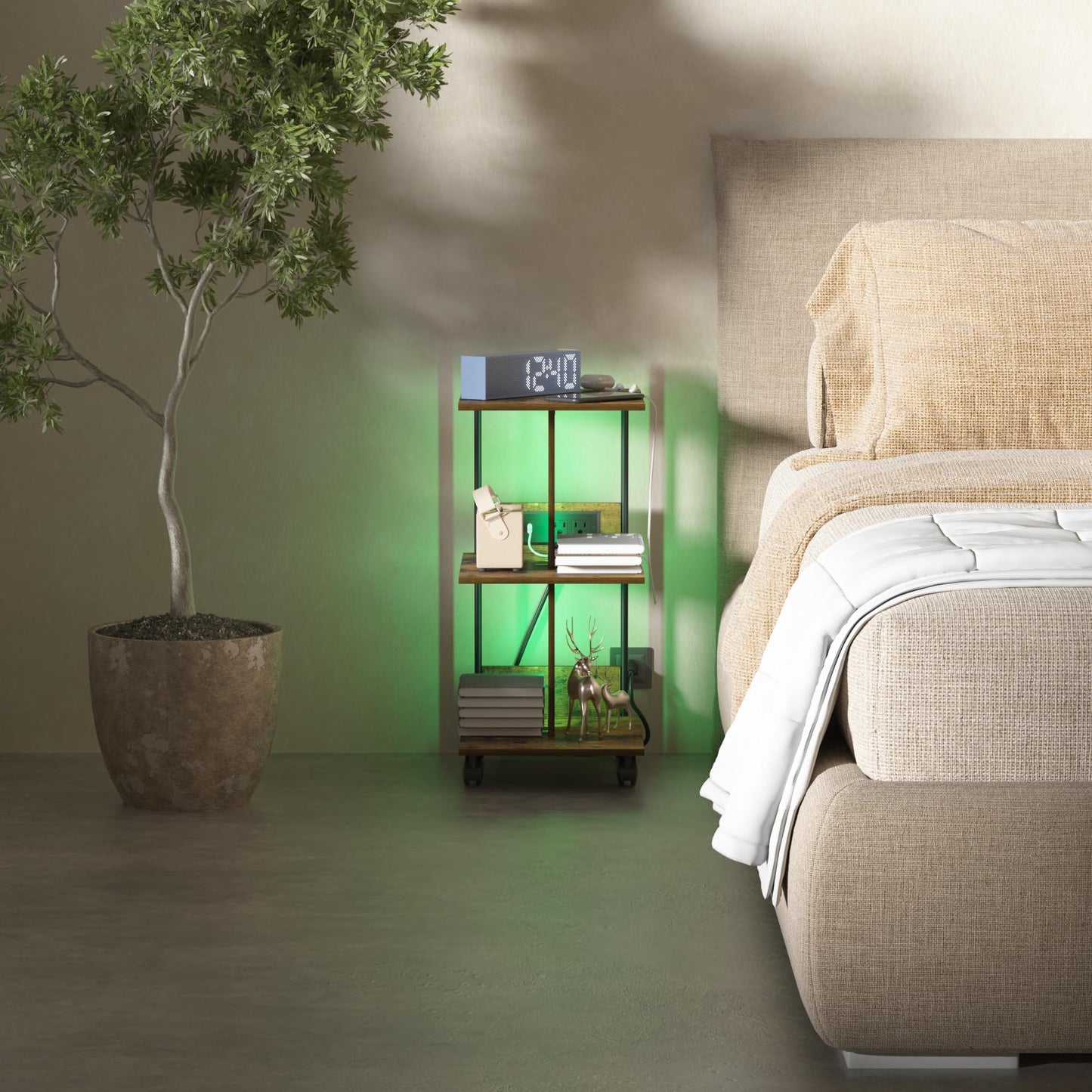 End Table with Charging Station & LED Lights, 3 Tier Movable Wooden Nightstand with Wheels Storage Shelves, Narrow Bedside Tables Side Table for Living Room Bedroom Home Office, Easy to Assemble