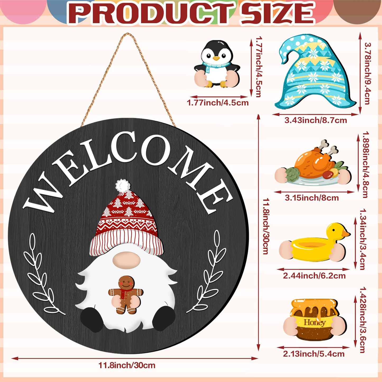 Veluckin Seasonal Gnome Wall Decor Set, 11.8 inch Wooden Round Sign with Interchangeable Holiday Hats, Welcome Door Hanging (Black grey-3)