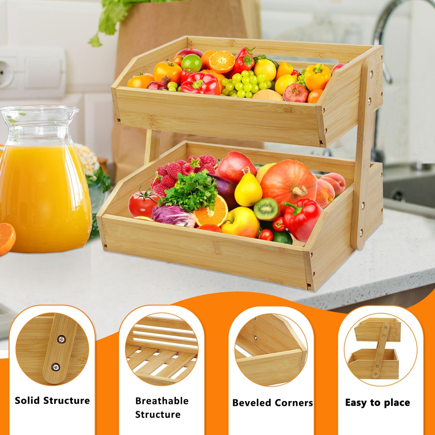 mobzio Fruit Basket Stand, 2 Tier Fruit Basket for Kitchen Counter, Produce Basket for Fruit and Vegetable Storage, Bamboo Basket Fruit Bowl Display Rack, Fruit Holder Snack Organizer