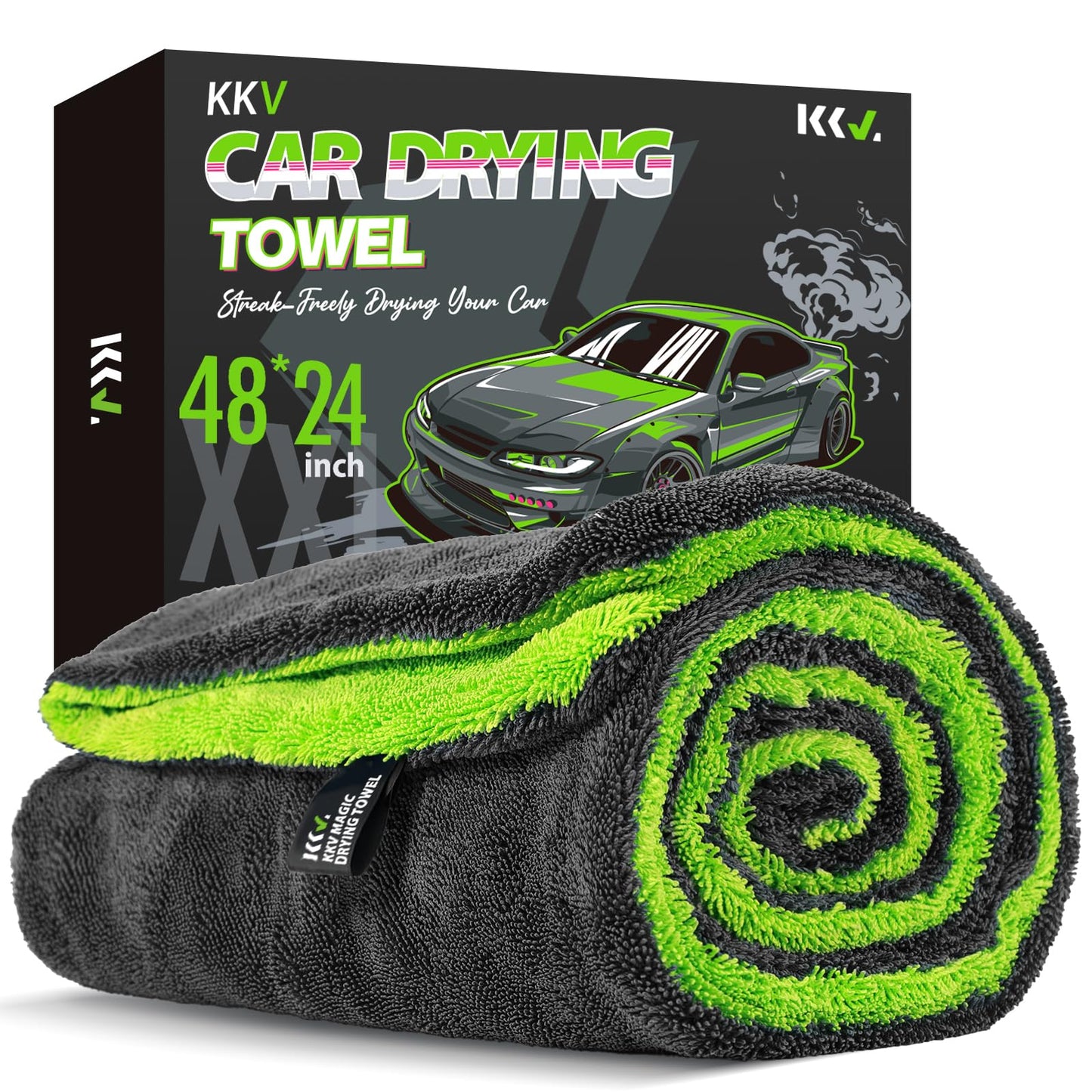 KKV Full-Sized SUV Drying Towel, 48”x24” Dual Sided Microfiber Car Cleaning Towel with Twisting Yarn Technique, 1400GSM Super Absorbent, Scratch-Free, Machine Washable (LightGrey-MarineBlue)
