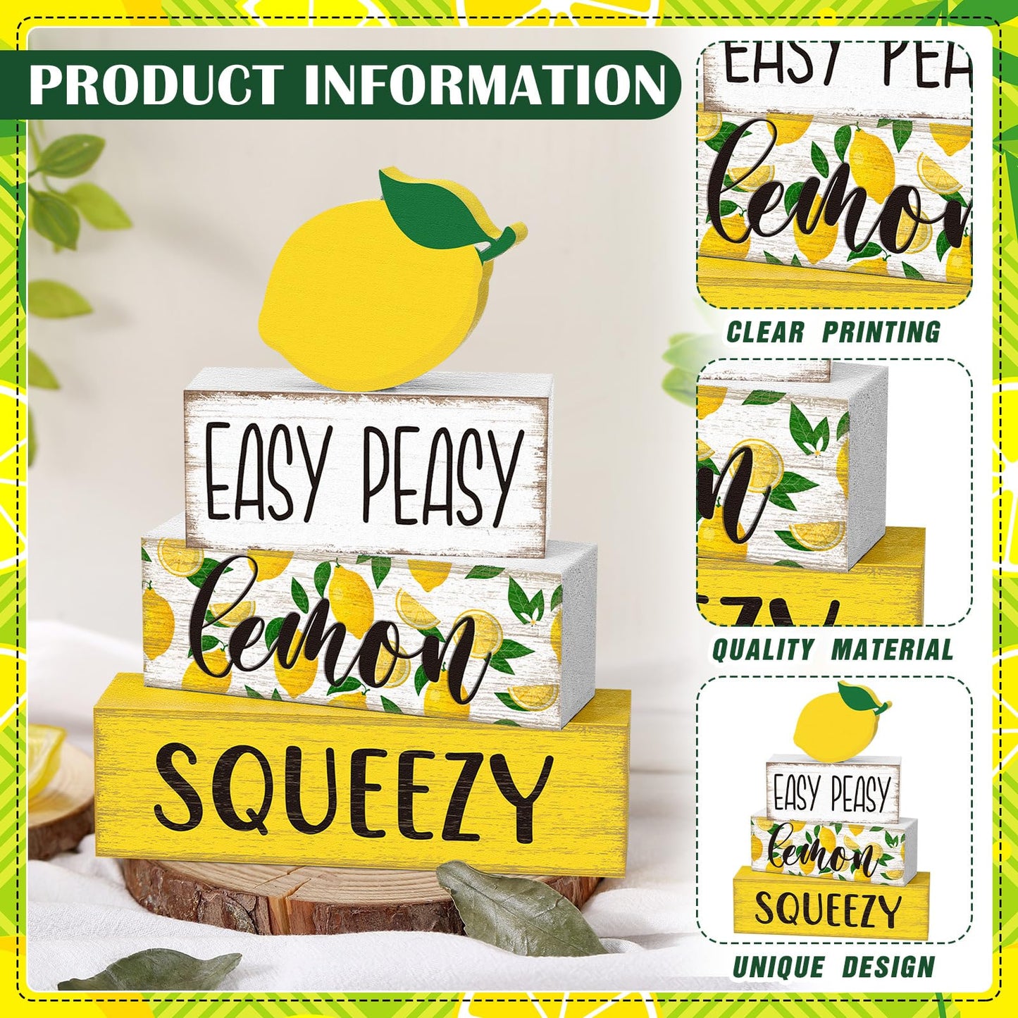 Yousoontic 4 Pcs Summer Lemon Table Decor Easy Peasy Lemon Squeezy Wooden Block Signs Farmhouse Tiered Tray Decor Rustic Table Centerpieces Summer Decorations for Home Desk Shelf Mantle Office