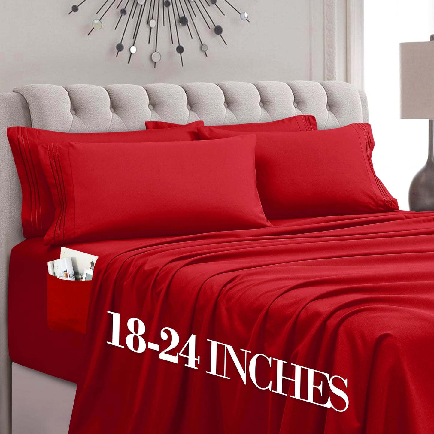 Mocassi Luxury 6-Piece Sheet Set, Ultra Soft 1800 Premium Hotel Quality Microfiber Sheet Set, Fits Mattresses Up to 18 to 24 Inches Extra Deep Pocket - Breathable and Secure Fit, Queen, Red