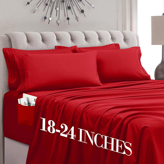 Mocassi Luxury 6-Piece Sheet Set, Ultra Soft 1800 Premium Hotel Quality Microfiber Sheet Set, Fits Mattresses Up to 18 to 24 Inches Extra Deep Pocket - Breathable and Secure Fit, Queen, Red