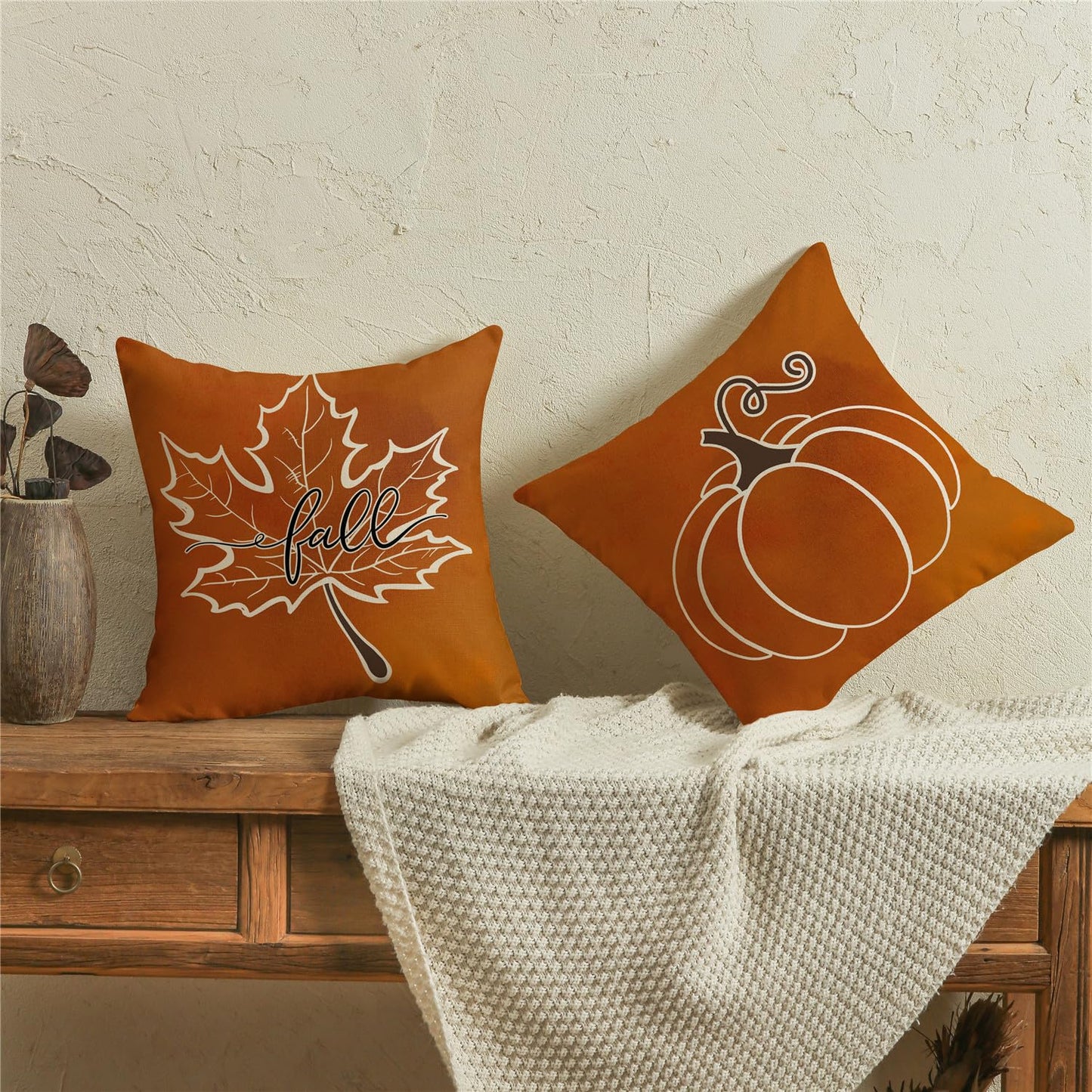 KISVODS Fall Pillow Covers 18x18 Thanksgiving Farmhouse Decorations Maple Leaf Pumpkin Outdoor Fall Decor Throw Pillow Covers Orange Plaid Autumn Harvest Cushion Case for Sofa Couch Set of 4