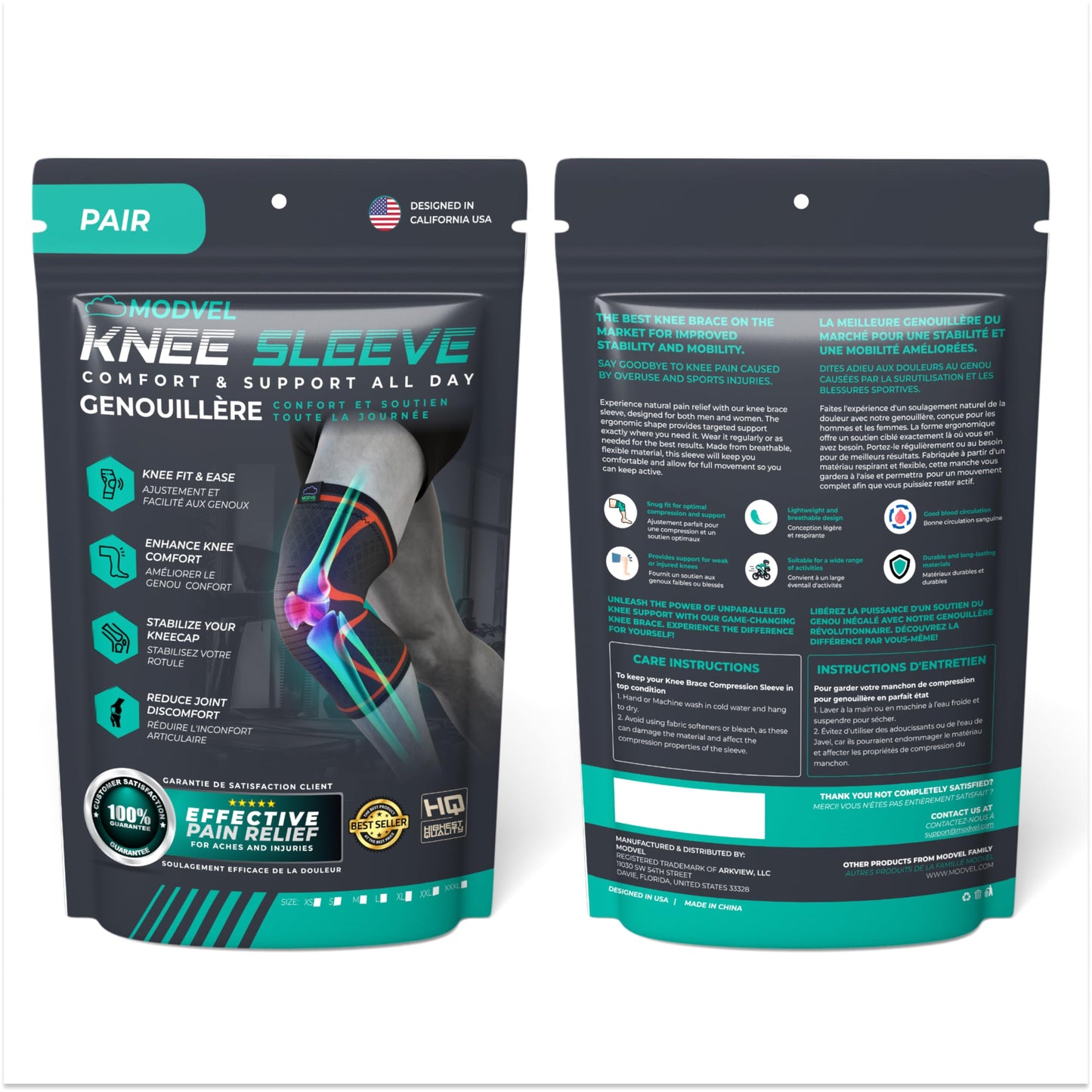 Modvel 2 Pack Knee Brace for Women & Men - Workout Knees Compression Sleeve for Knee Pain Relief Joint Support for ACL, Arthritis, Meniscus Tear Knees Brace for Sports, Rodilleras para Gym Fitness