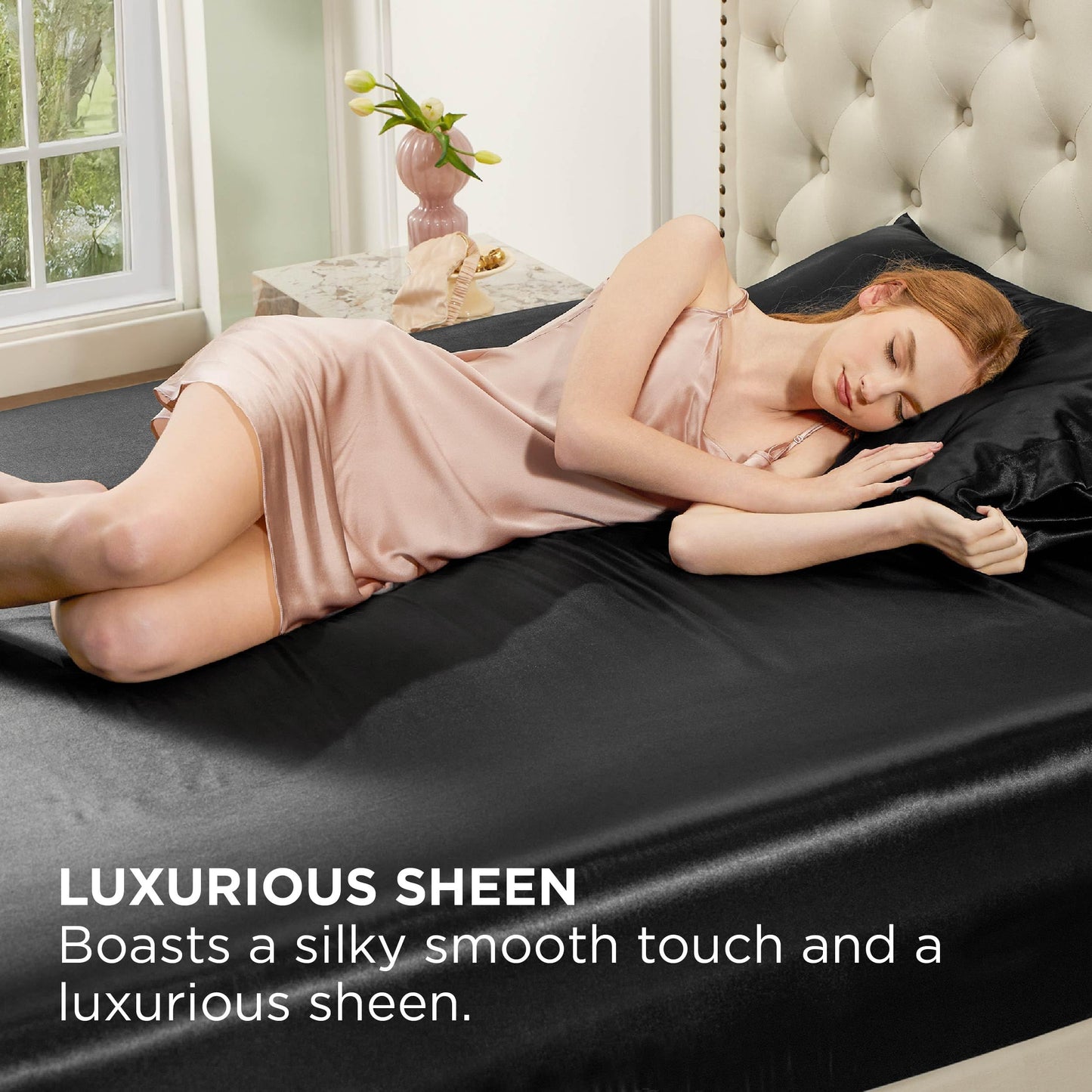 Bedsure Satin Fitted Sheet Only Twin Size - Black Silk Bed Sheet, Luxury & Ultra Soft, Non-Fading & Wrinkle Free, Good for Skin (Black, 39x75+15 Inches, 1 Piece, No Pillowcases)