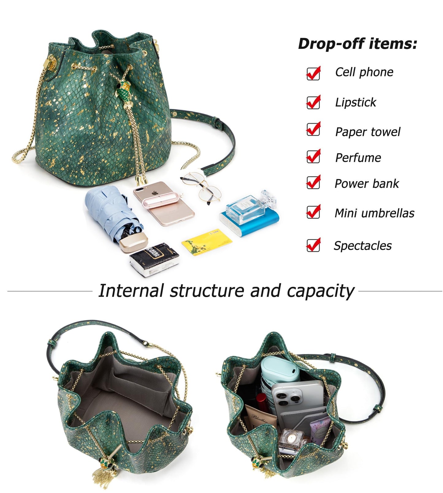 myfriday Leather Crossbody Bucket Bag for Women Luxury Drawstring Bag Evening Shoulder Bag with Datchable Chain Strap