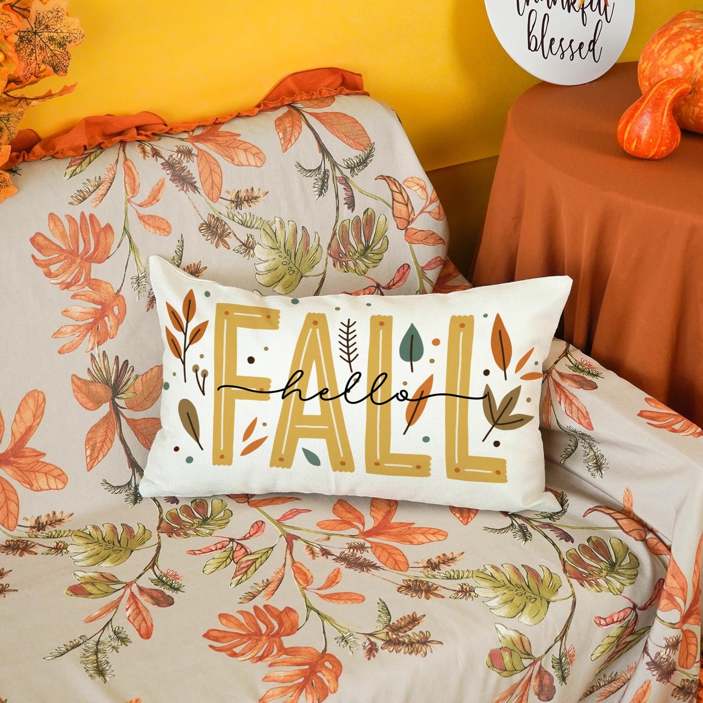 ONWAY Fall Throw Pillow Cover 12x20 Hello Fall Autumn Decorative Pillowcase for Couch Sofa Farmhouse Thanksgiving Rustic Maple Leaf Cushion Cover for Home Decor