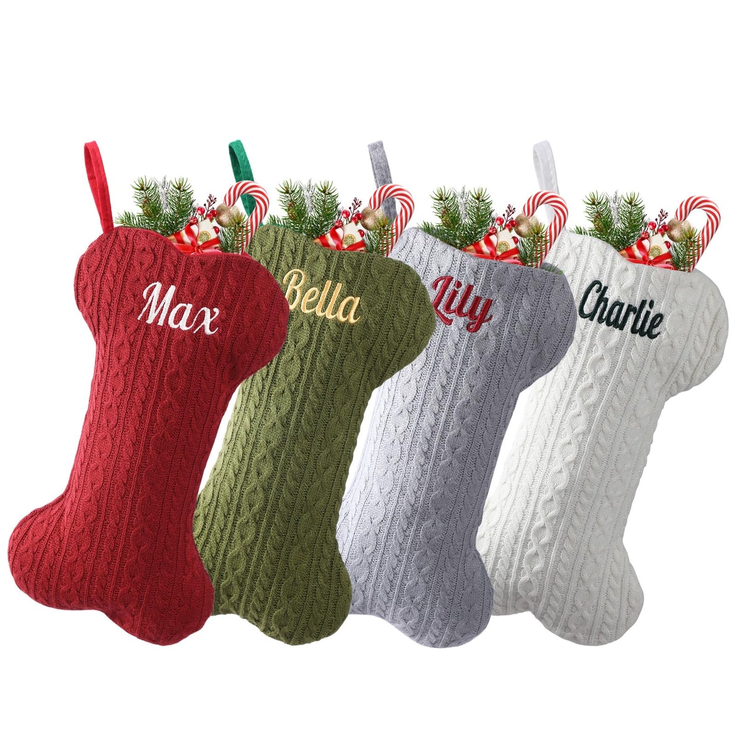 Tarwanear Personalized Dog Christmas Stocking,Large Bone Shape Cable Knit Custom Name Embroidered Pet Xmas Stockings,Christmas Decorations Fireplace Hanging Stockings Family Holiday Stockings(1 Pack)