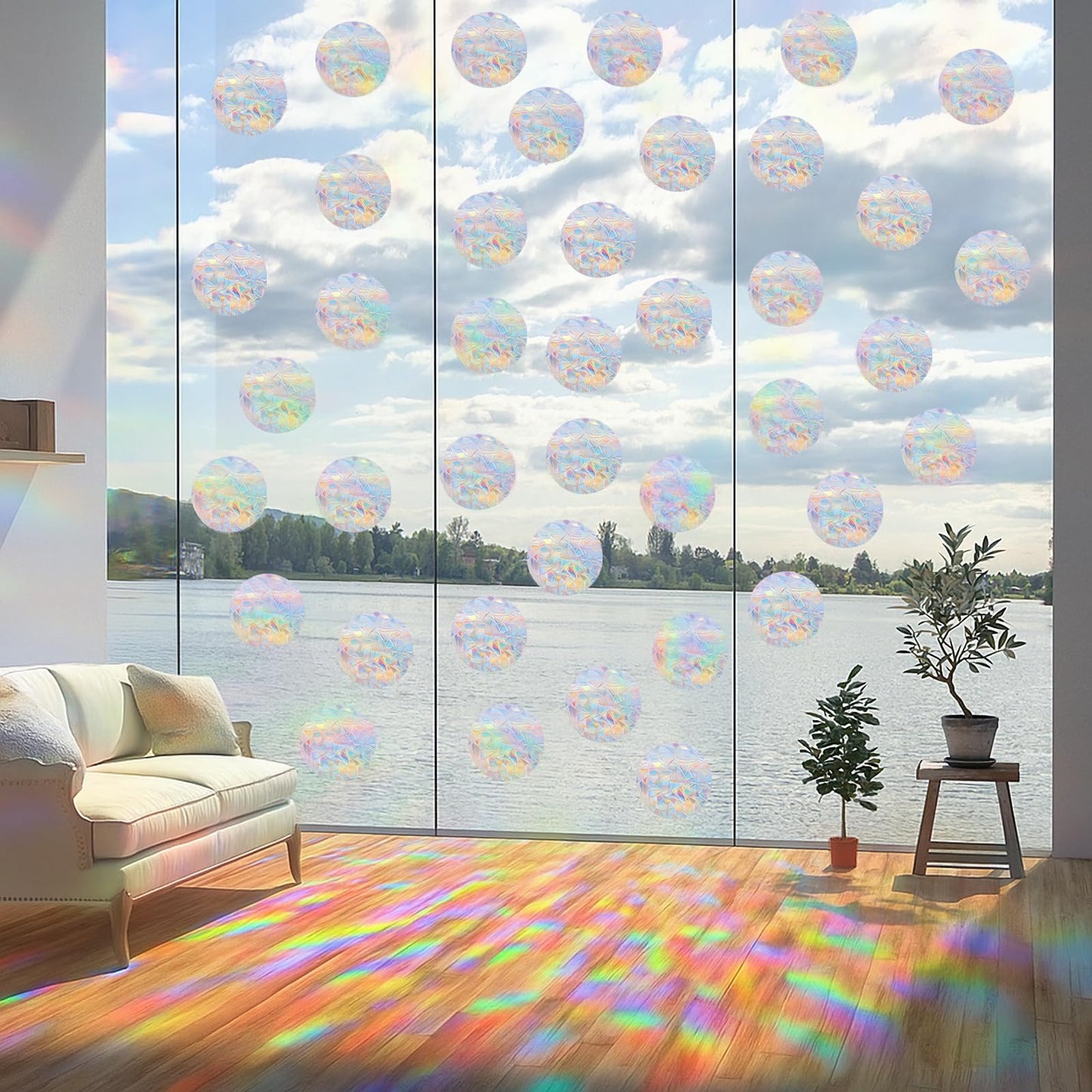 90 Pcs Circle Window Decals to Prevent Bird Strikes - Anti-Collision Window Stickers for Birds, Rainbow Vinyl Suncatcher Stickers, Reusable Static Clings for Bird Window Deterrent, No Glue Needed