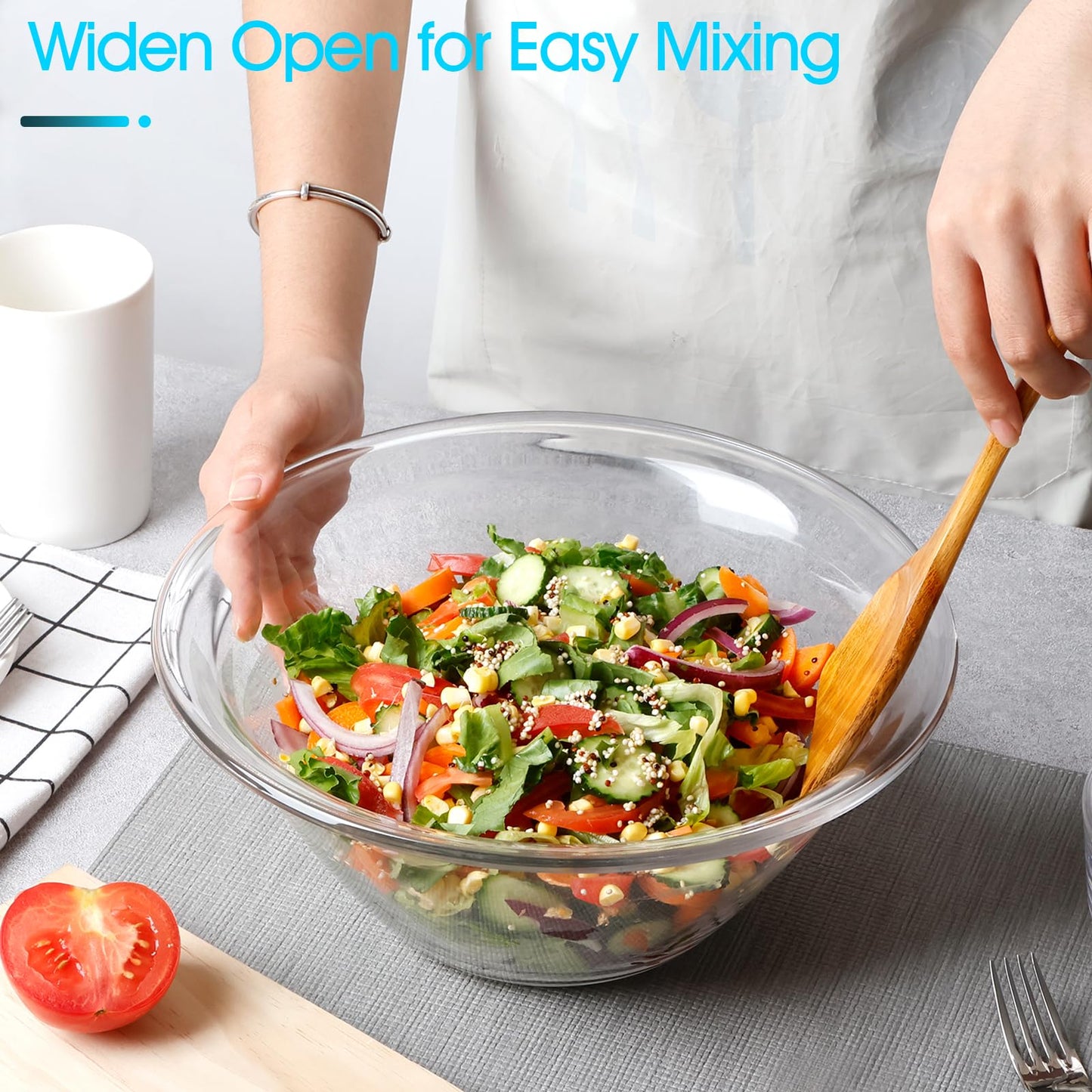 NUTRIUPS Large Glass Mixing Bowl, 4.1L Big Glass Salad Bowls, Clear Deep Glass Bowls for Mixing