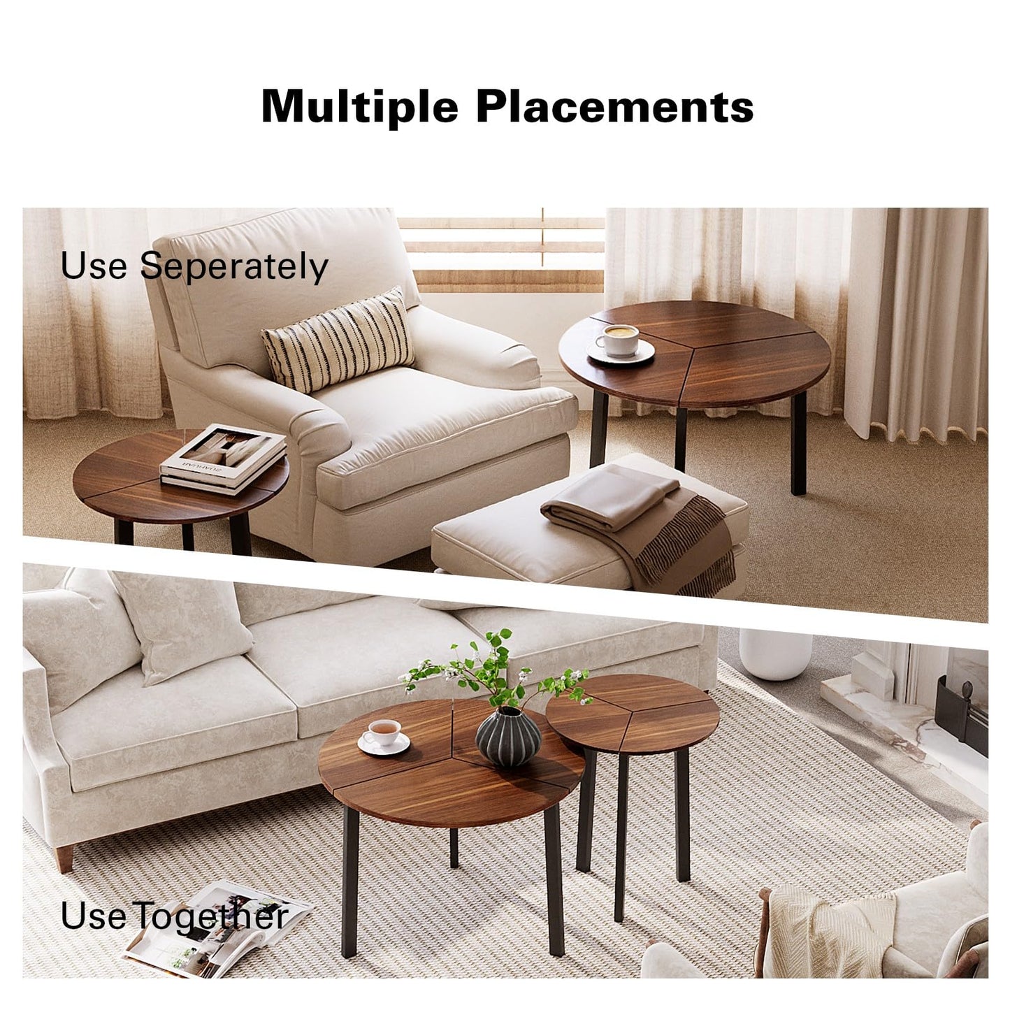 HOMPUS Nesting Coffee Table, 23.6'' Modern Coffee Table Sets, Nesting Tables Set of 2, Round Coffee Table Set 2, Nesting Tables for Living Room, Dining Room (Walnut)