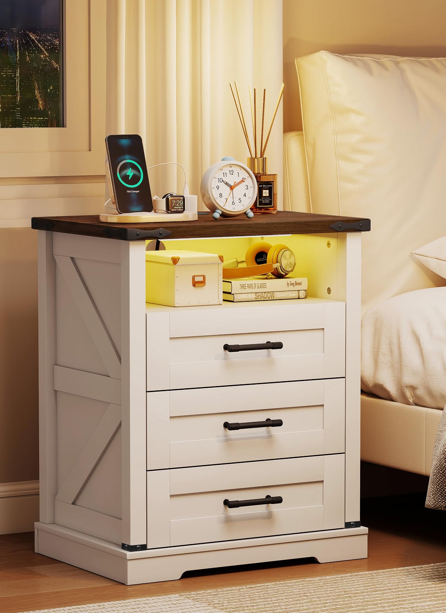 Night Stand with Charging Station 22" Large Farmhouse Nightstands with 3 Drawers and Open Storage Smart Bedside Table with Human Sensor LED Light End Tables for Bedroom Living Room White