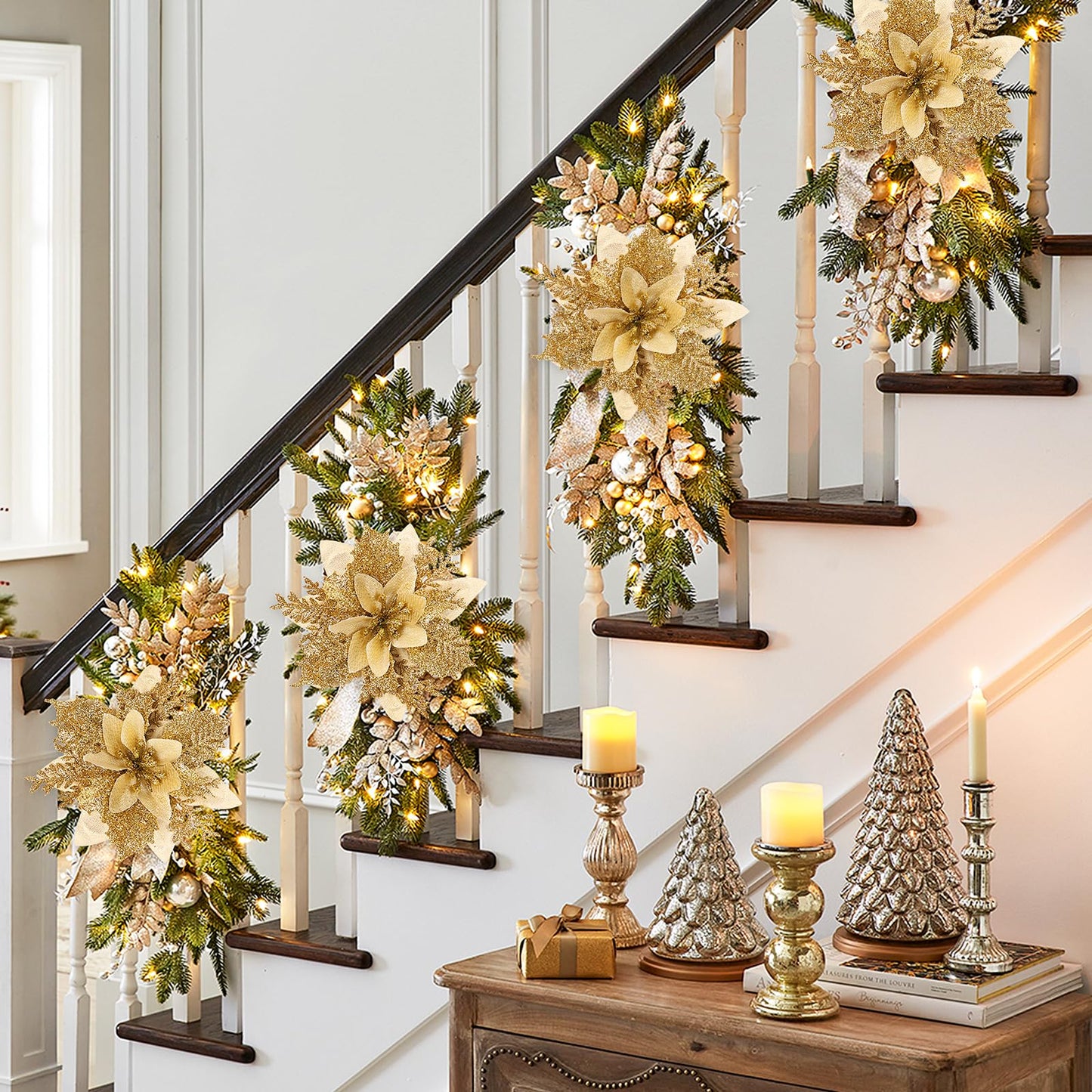 DEEMEI Christmas Poinsettia Artificial Flowers Christmas Tree Wreaths Garland Decoration 15 Pcs 5.5" Glitter Flowers Picks Decor for Xmas New Year Wedding Party Ornaments Gold