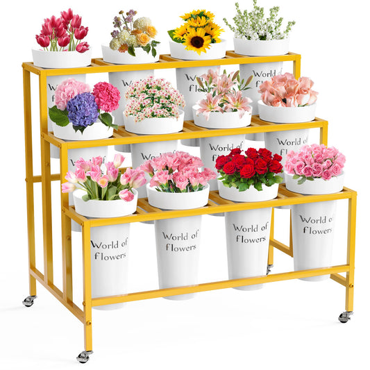 VGMiu Flower Display Stand with 12 Buckets, 3 Layers Flower Cart Gold Metal Flower Bar Stand with Wheels, Moving Florist Bouquet Shelf for Weddings Florist Indoor Outdoor Patio Garden Living Room