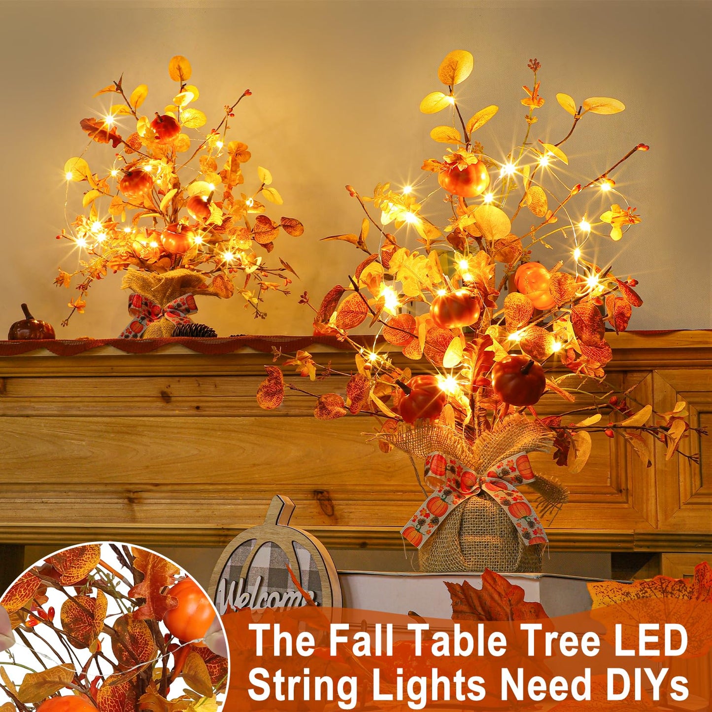 2 Pack & Timer - TURNMEON Lighted Fall Tree Tabletop Fall Decor with 30 LED Battery Operated Artificial Eucalyptus Tree Pumpkins Floral Berries Burlap Base Fall Thanksgiving Decorations Home Indoor