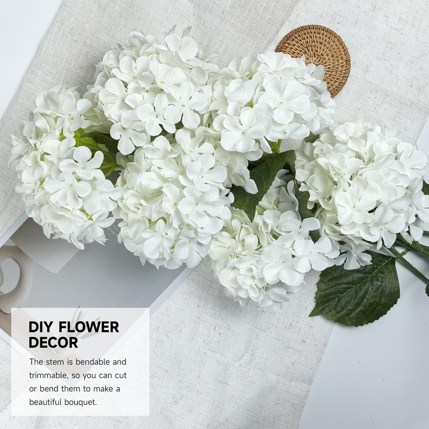 Subacy 6 PCS Artificial Hydrangea Flowers, Faux Silk Hydrangea with Long Stems, Home Wedding Decor, Table Centerpieces, Party Decorations(White)