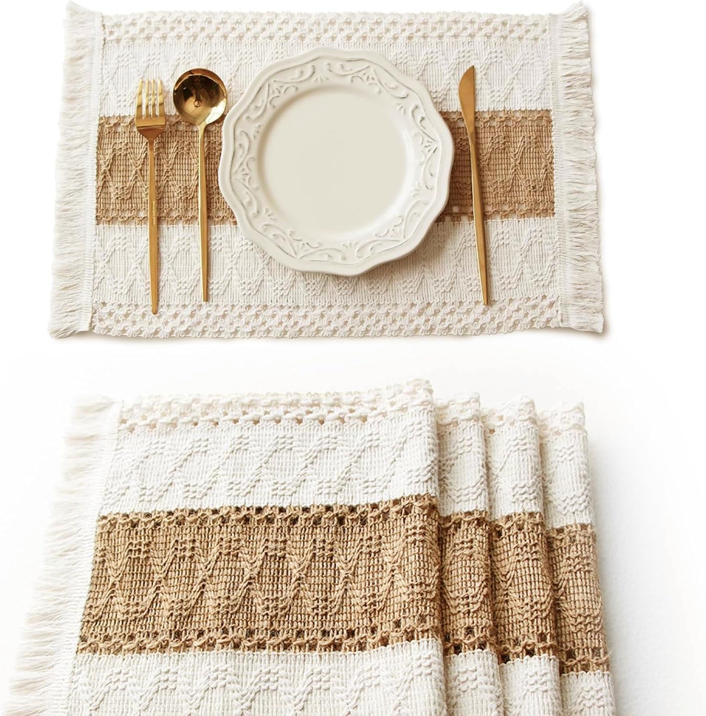 FEXIA Boho Placemats Set of 4, Macrame Table Decor Farmhouse Style Placemats in Natural Cotton Burlap, for Kitchen and Dining Table Centerpiece Home Decorations