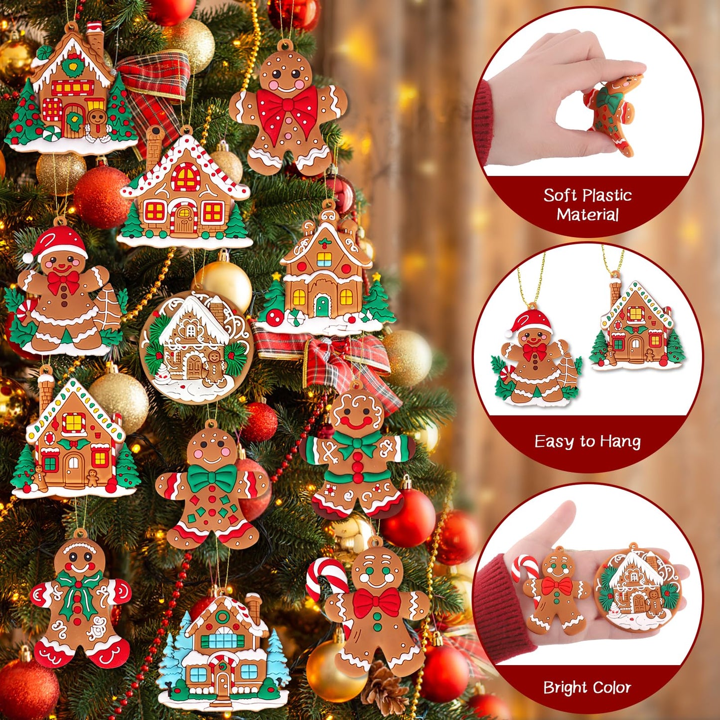 Miucat 12pcs Gingerbread Ornaments for Christmas Tree Decorations, Plastic Gingerbread Christmas Decorations