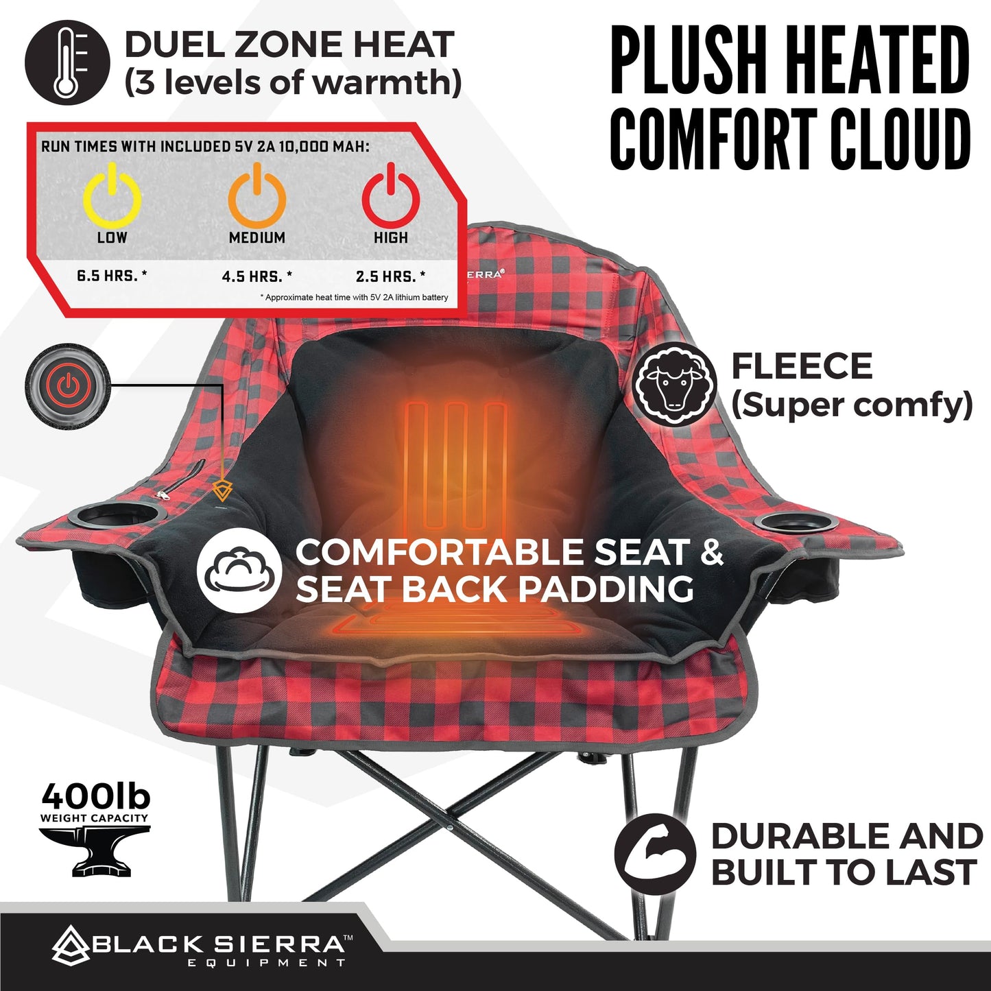 Black Sierra Heated Camping Chair for Adults, Oversized Outdoor Seat with Plush Padding, Supports 400lbs, Cup Holders and Carry Bag, Heavy Duty Folding Chair for Tailgating, Patio, or Sideline Comfort