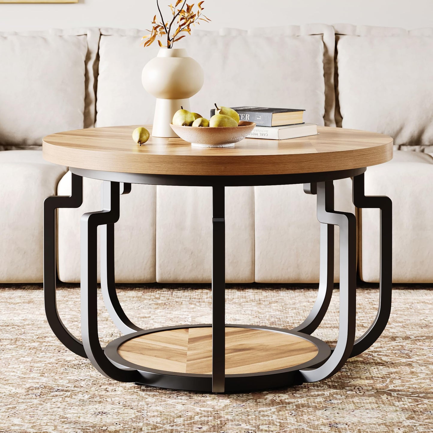 LIKEMET Round Coffee Table, 32" Circle Coffee Table for Living Room with 2-Tier Storage Shelves, Pumpkin Accent Center Table with Wood Grain Desktop for Living Room, Halloween