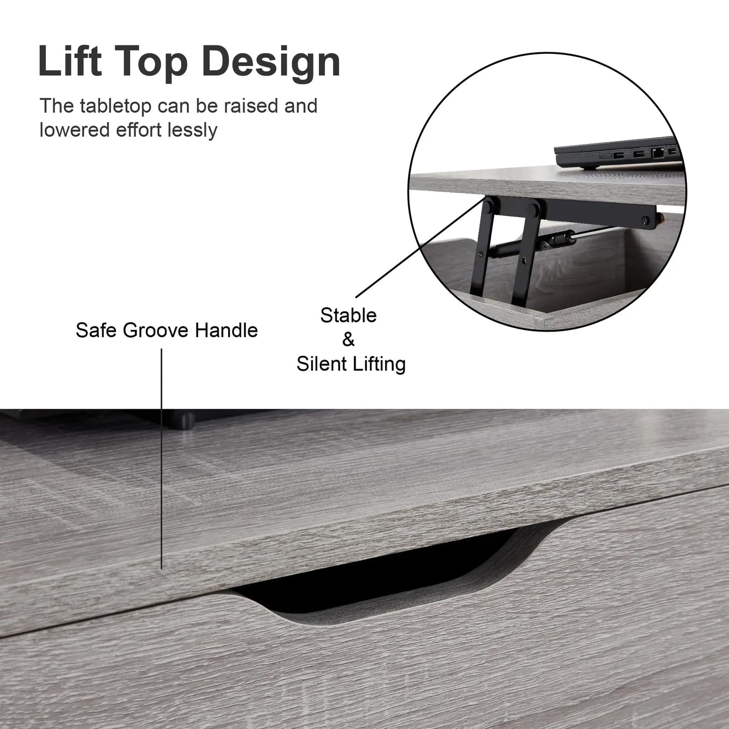 SANODESK 39" Wood Lift Top Coffee Table with Hidden Compartment and Storage Shelf for Living Room, Reception Room, Grey