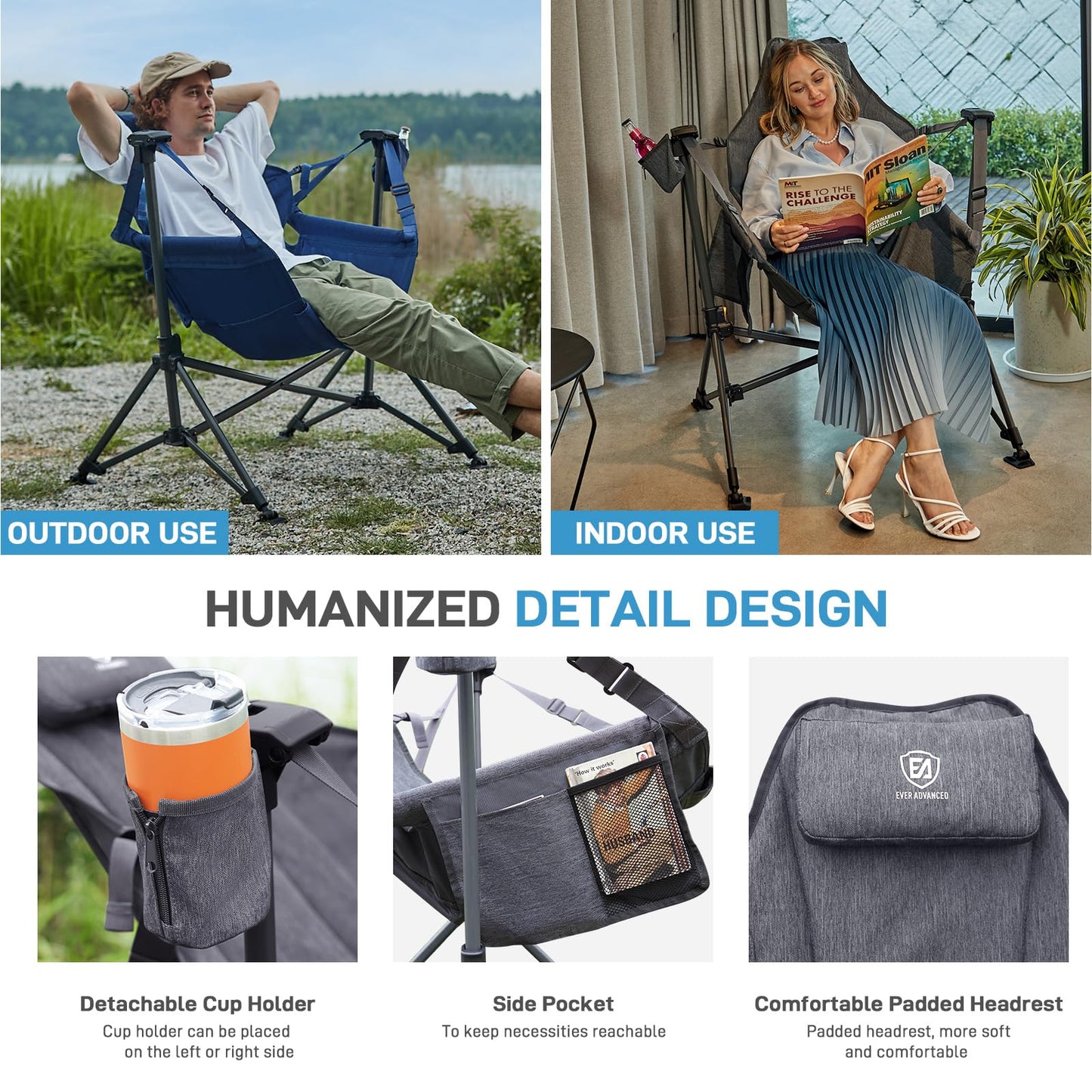 EVER ADVANCED Padded Hammock Camping Chair, Oversized Heavy Duty Swing Chair with Detachable Cup Holder, Portable Folding Rocking Camping Chair, Support Up to 400lbs, Grey
