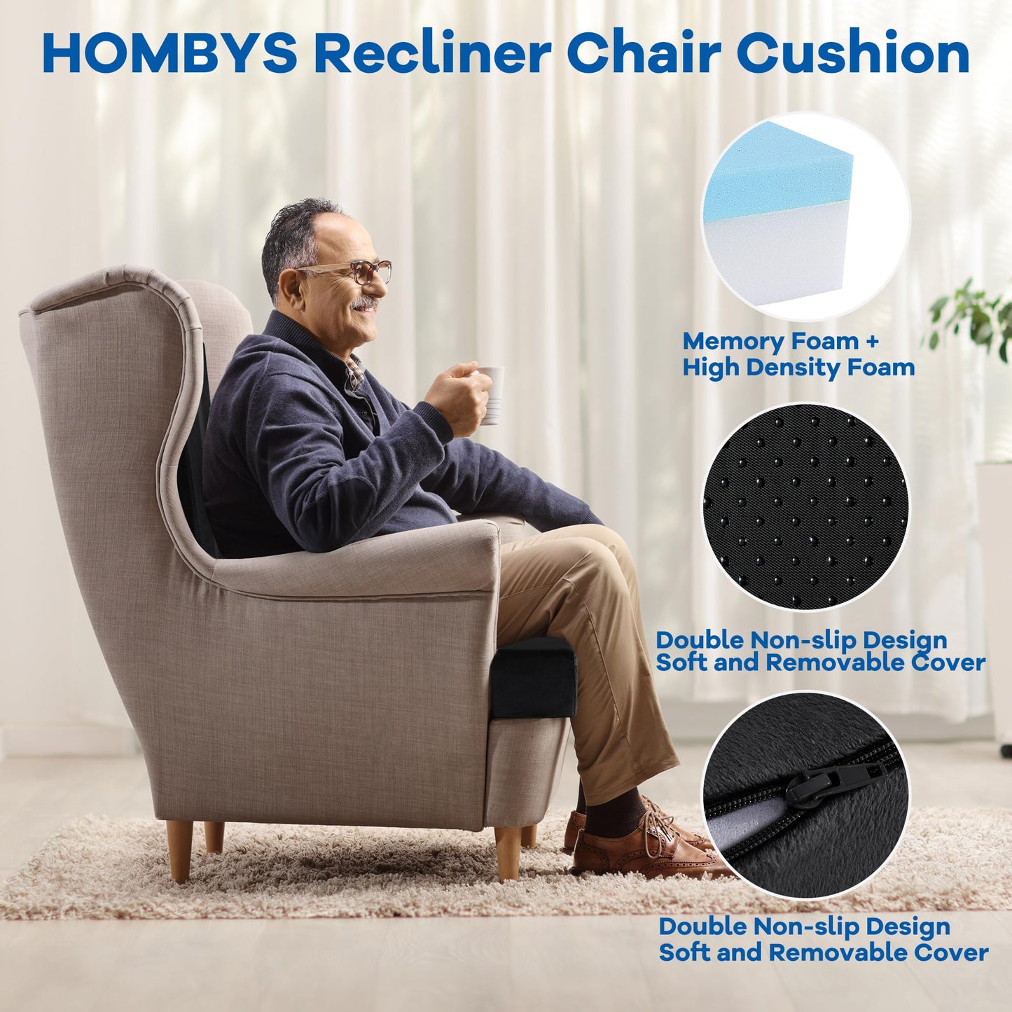HOMBYS Memory Foam Recliner Seat Cushion for Elderly with Lumbar Support Pillow for Long Sitting, Supportive & Non-Slip Chair Pad with Back Support Cushion for Back & Neck Pain Reduce, Black