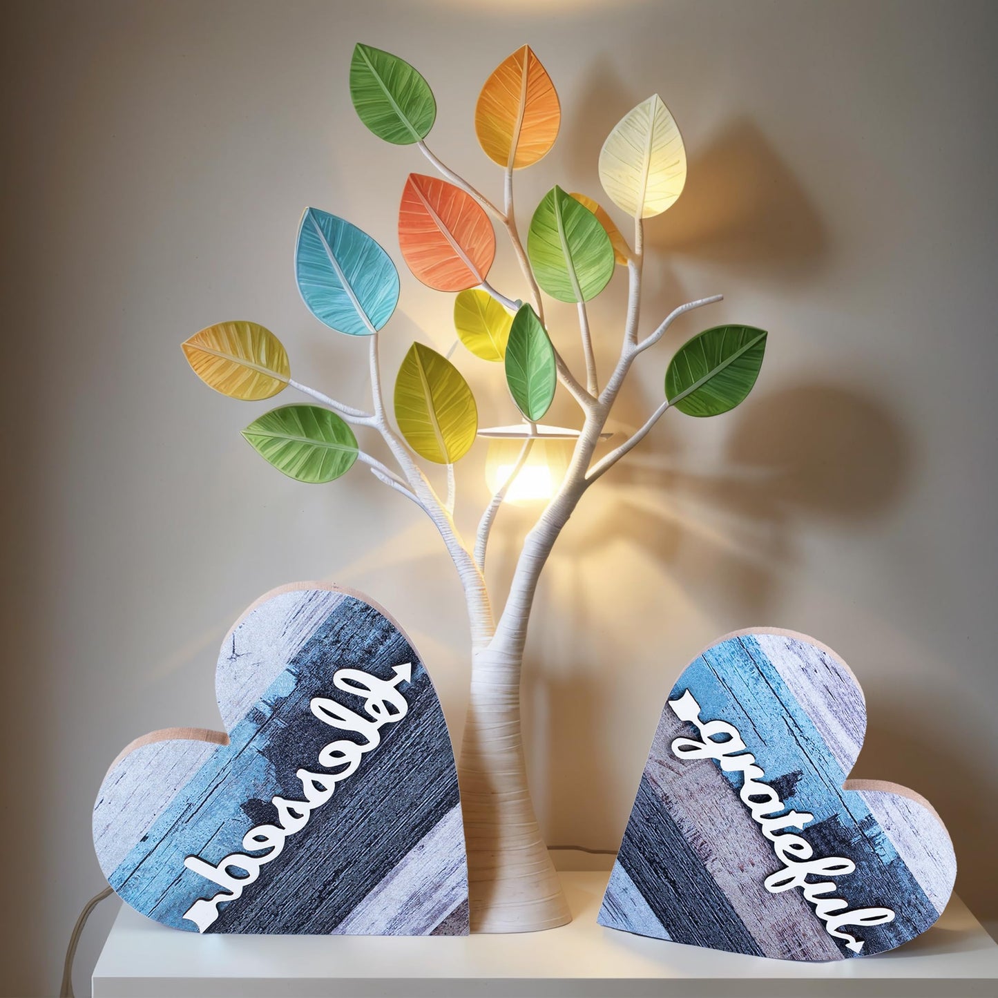 WTYONZEL 2 Pcs Rustic Wooden Table Heart Decor Signs for Home Decor - Farmhouse Valentine's Day Centerpiece, Freestanding Table Decor, Romantic Gifts (Grateful Style)