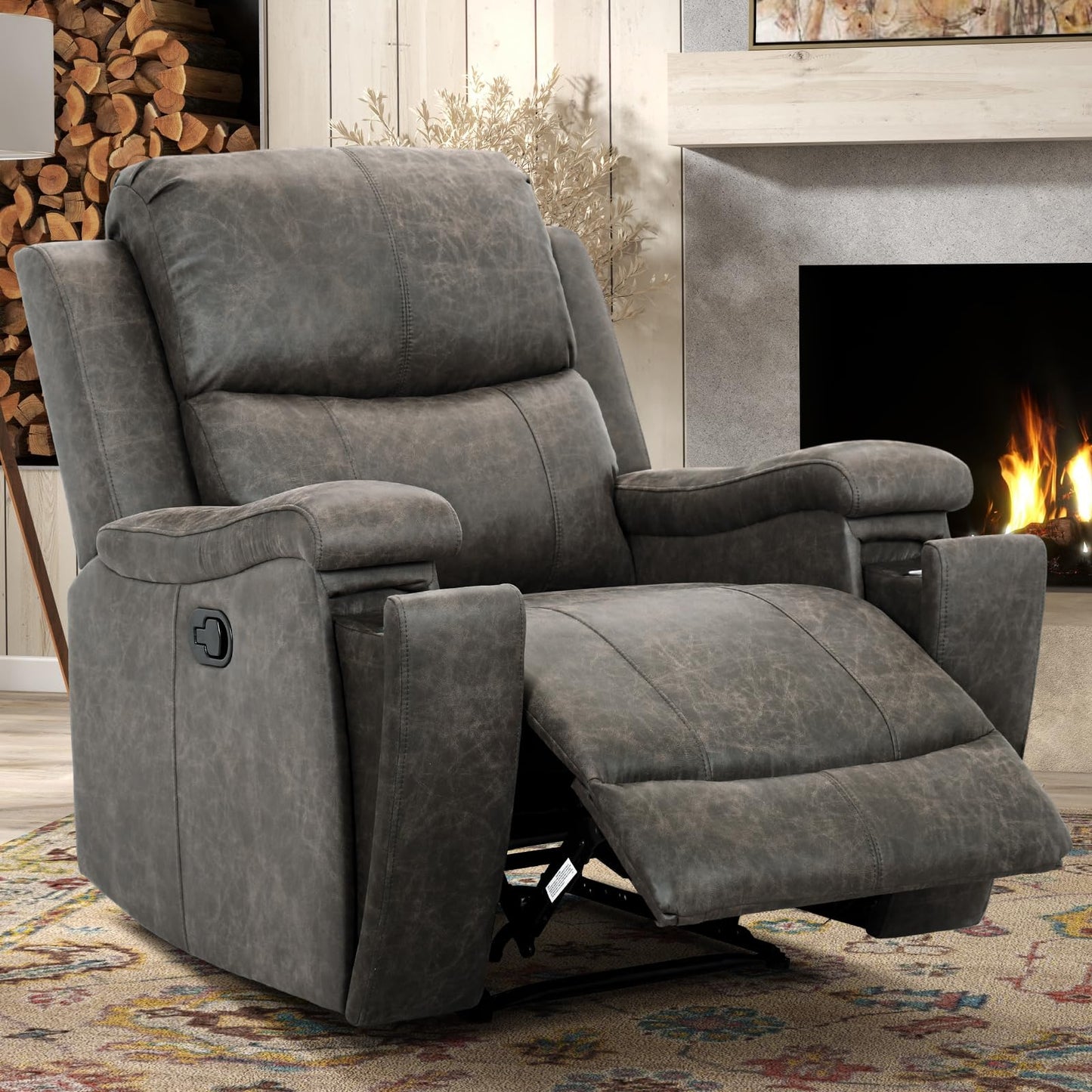 CANMOV Leather Recliner Chair, Classic and Traditional Manual Recliner Chair with Overstuffed Arms and Back, Manual Single Sofa with Concealed Cup Holders,Grey