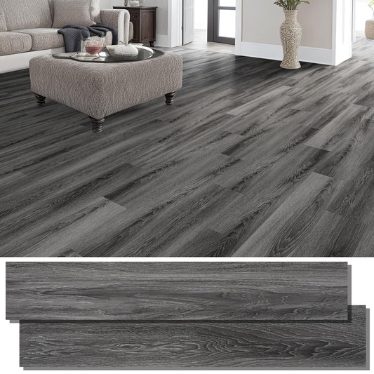 INMOZATA Peel and Stick Floor Tile Vinyl Flooring, Waterproof Vinyl Plank Flooring 36-Pack 54 Sq.Ft Wood Grain Self Adhesive Peel and Stick Flooring for Bedroom, Living Room, Kitchen, RV(Deep Gray)